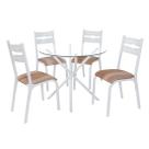 Conjunto mesa jogo sala jantar ciplafe luna slim tampo vidro incolor 0,90m redondo com 4 cadeiras tubo branco assento estofado