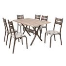 Conjunto mesa jogo sala jantar ciplafe luna tampo madeira bp carvalho montreal 1,36m x 0,80m retangular com 6 cadeiras tubo bronze assento estofado