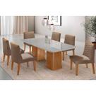 Conjunto Mesa Maldivas c/ Tampo Madeirado c/ Vidro Canto Curvo 180x90cm e 6 Cadeiras Maldivas Naturale/Off White - Suede Capuccino-Rufato Conjunto Mesa Maldivas c/ Tampo Madeirado c/ Vidro Canto Curvo 180x90cm e 6 Cadeiras Maldivas Naturale/Off White - Suede Capuccino-Rufato