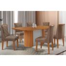 Conjunto Mesa Pilar c/ Tampo Madeirado Canto Curvo 180x90cm e 6 Cadeiras Pietá Madeira Maciça Naturale/Off White - Capuccino/Suede Capuccino-Rufato