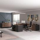 Conjunto Mesa Presidente e Balcão com Gavetas Cor Charuto com Preto Conjunto Mesa Presidente e Balcão com Gavetas Cor Charuto com Preto