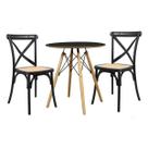 Conjunto Mesa Redonda Chanfrada Preta Eames 70cm com 2 Cadeiras Paris Rattan Pretas - La Mobilia
