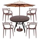 Conjunto Mesa Ripada 90cm em Alumínio com 4 Cadeiras Alegra e Ombrelone para Piscina e Jardim