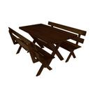 Conjunto Mesa Rústica 1,6m e 2 Bancos Com Encosto Madeira Maciça Eucalipto Tabaco