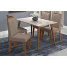 Conjunto: Mesa Sala Jantar Adele Tampo Madeirado c/Vidro 130cm Canto Reto + 4 Cadeiras Nicole Madeira/OW/Pluma - Cimol