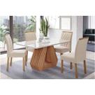 Conjunto: Mesa Sala Jantar Ágata Tampo Madeirado c/ Vidro 130x80cm e 4 Cadeiras Juliana Cinamomo/Off White - Carvalho/Suede Nude Bege Cimol