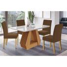 Conjunto: Mesa Sala Jantar Ágata Tampo Madeirado c/ Vidro 130x80cm e 4 Cadeiras Maia Cinamomo/Off White - Suede Mascavo Chocolate Cimol