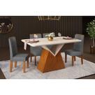 Conjunto: Mesa Sala Jantar Argo c/ Tampo Madeirado c/ Vidro Curvo 136x90cm e 4 Cadeiras Zoe Freijo/Off White - Suede Lunar - DJ Móveis