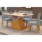 Conjunto: Mesa Sala Jantar Argo Tampo Madeirado c/ Vidro Curvo 136x90cm e 4 Cadeiras Julia Cedro/Off White - Suede Lunar - DJ Móveis