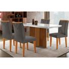 Conjunto: Mesa Sala Jantar Berlim c/ Tampo Madeirado c/ Vidro Canto Curvo 120x80cm e 4 Cadeiras Amsterdã Imbuia/Off White - Linho Grafite - Rufato