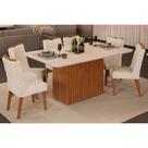Conjunto: Mesa Sala Jantar Canes Tampo Madeirado c/ Vidro Curvo 170x90cm e 6 Cadeiras Bia Freijo/Off White - Linho Neve - DJ Móveis