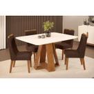 Conjunto: Mesa Sala Jantar Celeste c/ Tampo Madeirado c/ Vidro Curvo 120x90cm e 4 Cadeiras Bia Freijo/Off White - Suede Moca - DJ Móveis