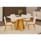 Conjunto: Mesa Sala Jantar Celeste c/ Tampo Madeirado c/ Vidro Curvo 120x90cm e 4 Cadeiras Sofia Cedro/Off White - Ipe/Linho Neve - DJ Móveis