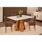 Conjunto: Mesa Sala Jantar Celeste c/ Tampo Madeirado c/ Vidro Curvo 120x90cm e 4 Cadeiras Zoe Freijo/Off White - Suede Moca - DJ Móveis