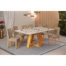 Conjunto: Mesa Sala Jantar Celeste c/ Tampo Madeirado c/ Vidro Retangular 160x90cm e 6 Cadeiras Julia Cedro/Off White - Linho Bege - DJ Móveis Conjunto: Mesa Sala Jantar Celeste c/ Tampo Madeirado c/ Vidro Retangular 160x90cm e 6 Cadeiras Julia Cedro/Off White - Linho Bege - DJ Móveis