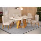 Conjunto: Mesa Sala Jantar Celeste c/ Tampo Madeirado c/ Vidro Retangular 160x90cm e 6 Cadeiras Lia Cedro/Off White - Linho Neve - DJ Móveis