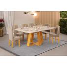 Conjunto: Mesa Sala Jantar Celeste c/ Tampo Madeirado c/ Vidro Retangular 160x90cm e 6 Cadeiras Zoe Cedro/Off White - Suede Creme - DJ Móveis