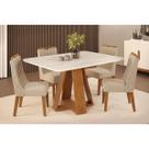Conjunto: Mesa Sala Jantar Celeste c/ Tampo Madeirado Curvo 120x90cm e 4 Cadeiras Bia Freijo/Quartzo - Suede Kraft - DJ Móveis