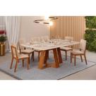 Conjunto: Mesa Sala Jantar Celeste c/ Tampo Madeirado Retangular 170x90cm e 6 Cadeiras Talia Freijo/Quartzo - Suede Creme - DJ Móveis