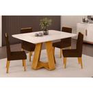 Conjunto: Mesa Sala Jantar Celeste Tampo Madeirado c/ Vidro Curvo 120x90cm e 4 Cadeiras Lia Cedro/Off White - Suede Moca - DJ Móveis