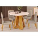 Conjunto: Mesa Sala Jantar Celeste Tampo Madeirado c/ Vidro Redondo 103x103cm e 4 Cadeiras Lia Cedro/Off White - Suede Kraft - DJ Móveis