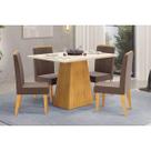 Conjunto: Mesa Sala Jantar Dulce c/ Tampo Madeirado c/ Vidro Reto 120x90cm e 4 Cadeiras Lia Cedro/Off White - Suede Moca DJ Móveis