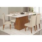 Conjunto: Mesa Sala Jantar Dulce c/ Tampo Madeirado c/ Vidro Reto 180x90cm e 6 Cadeiras Lia Freijo/Off White - Linho Neve DJ Móveis
