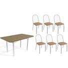 Conjunto: Mesa Sala Jantar Elba c/ Tampo de Madeira 160cm e 6 Cadeiras Noruega Cromada/Nogueira - Courano Capuccino - Kappesberg Conjunto: Mesa Sala Jantar Elba c/ Tampo de Madeira 160cm e 6 Cadeiras Noruega Cromada/Nogueira - Courano Capuccino - Kappesberg