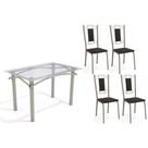 Conjunto: Mesa Sala Jantar Elba c/ Tampo de Vidro 120cm e 4 Cadeiras Florença Niquel - Courano Preto - Kappesberg