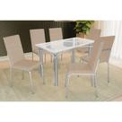 Conjunto: Mesa Sala Jantar Elba c/ Tampo de Vidro 120cm e 6 Cadeiras Amsterdã Cromada - Courano Bege - Kappesberg