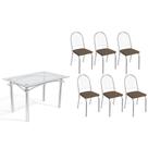 Conjunto: Mesa Sala Jantar Elba c/ Tampo de Vidro 120cm e 6 Cadeiras Noruega Cromada - Courano Marrom - Kappesberg