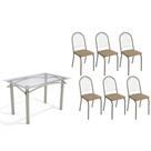 Conjunto: Mesa Sala Jantar Elba c/ Tampo de Vidro 120cm e 6 Cadeiras Noruega Niquel - Courano Capuccino - Kappesberg