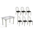 Conjunto: Mesa Sala Jantar Elba c/ Tampo de Vidro 120cm e 6 Cadeiras Noruega Niquel - Courano Preto - Kappesberg