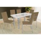 Conjunto: Mesa Sala Jantar Elba c/ Tampo de Vidro 150cm e 6 Cadeiras Amsterdã Cromada - Courano Capuccino - Kappesberg