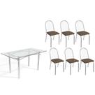 Conjunto: Mesa Sala Jantar Elba c/ Tampo de Vidro 150cm e 6 Cadeiras Noruega Cromada - Courano Marrom - Kappesberg Conjunto: Mesa Sala Jantar Elba c/ Tampo de Vidro 150cm e 6 Cadeiras Noruega Cromada - Courano Marrom - Kappesberg