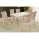 Conjunto: Mesa Sala Jantar Elba Tampo Madeirado c/ Vidro 120cm e 6 Cadeiras Amsterdã Cromada/Off White - Courano Bege - Kappesberg