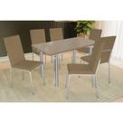 Conjunto: Mesa Sala Jantar Elba Tampo Madeirado c/ Vidro 160cm e 6 Cadeiras Amsterdã Cromada/Freijo Bronze - Courano Capuccino - Kappesberg