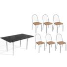 Conjunto: Mesa Sala Jantar Elba Tampo Madeirado c/ Vidro 160cm e 6 Cadeiras Noruega Cromada/Preto - Courano Capuccino - Kappesberg Conjunto: Mesa Sala Jantar Elba Tampo Madeirado c/ Vidro 160cm e 6 Cadeiras Noruega Cromada/Preto - Courano Capuccino - Kappesberg