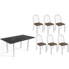 Conjunto: Mesa Sala Jantar Elba Tampo Madeirado c/ Vidro 160cm e 6 Cadeiras Noruega Cromada/Preto - Courano Marrom - Kappesberg