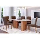 Conjunto: Mesa Sala Jantar Ester Tampo Madeirado Oval c/ Vidro 210x100cm e 6 Cadeiras Paola Cinamomo/Off White - Carvalho/Suede Joli Capuccino Cimol