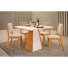 Conjunto: Mesa Sala Jantar Fler c/ Tampo Madeirado c/ Vidro 90x90cm e 4 Cadeiras Talia Cedro/Off White - Suede Creme - DJ Móveis