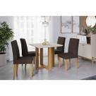 Conjunto: Mesa Sala Jantar Flora Tampo Madeirado c/ Vidro 95x95cm e 4 Cadeiras Maia Cinamomo/Off White - Suede Mascavo Chocolate Cimol