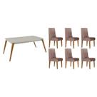 Conjunto: Mesa Sala Jantar Havana Curvo 180cm + 6 Cadeiras Dakota Naturale/Off White - Linho Capuccino - Rufato