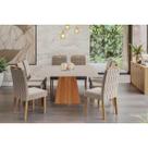 Conjunto: Mesa Sala Jantar Helena Tampo Madeirado c/ Vidro 210x100cm e 8 Cadeiras Paola Cinamomo/Off White - Carvalho/Linho Bege Cimol