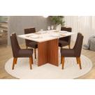 Conjunto: Mesa Sala Jantar Hera c/ Tampo Madeirado c/ Vidro Reto 120x90cm e 4 Cadeiras Bia Freijo/Off White - Suede Moca - DJ Móveis