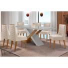 Conjunto: Mesa Sala Jantar Imperatriz c/ Tampo Madeirado c/ Vidro Canto Curvo 180X90cm e 6 Cadeiras Dafne Naturale/Off White - Suede Creme - Rufato
