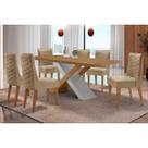 Conjunto: Mesa Sala Jantar Imperatriz Curvo 180cm + 6 Cadeiras Dafne Naturale/Off White - Linho Bege - Rufato