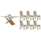 Conjunto: Mesa Sala Jantar Imperatriz Tampo c/ Vidro Curvo 180cm+6 Cadeiras Dakota Madeira Naturale/Off White - Capuccino/Suede Creme - Rufato