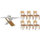 Conjunto: Mesa Sala Jantar Imperatriz Tampo c/ Vidro Curvo 180cm+6 Cadeiras Havana Naturale/Off White - Linho Capuccino - Rufato