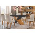 Conjunto: Mesa Sala Jantar Imperatriz Tampo Madeirado c/ Vidro Canto Curvo 180x90 e 6 Cadeiras Jade Imbuia/Grafite - Suede Creme - Rufato